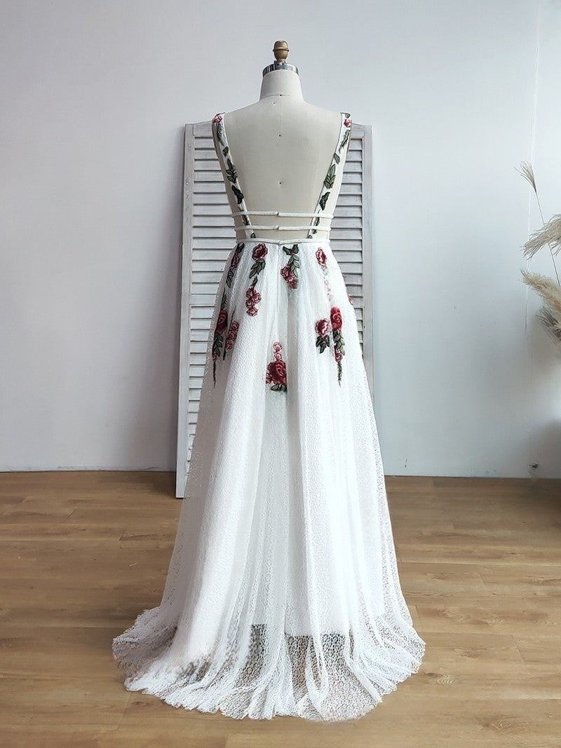 dressimeA Line Elegant V Neck Lace Prom Dresses Backless With Floral