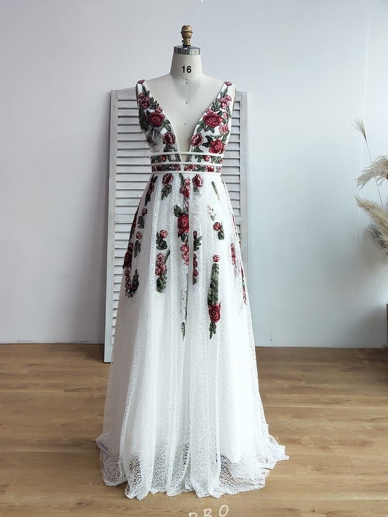 dressimeA Line Elegant V Neck Lace Prom Dresses Backless With Floral