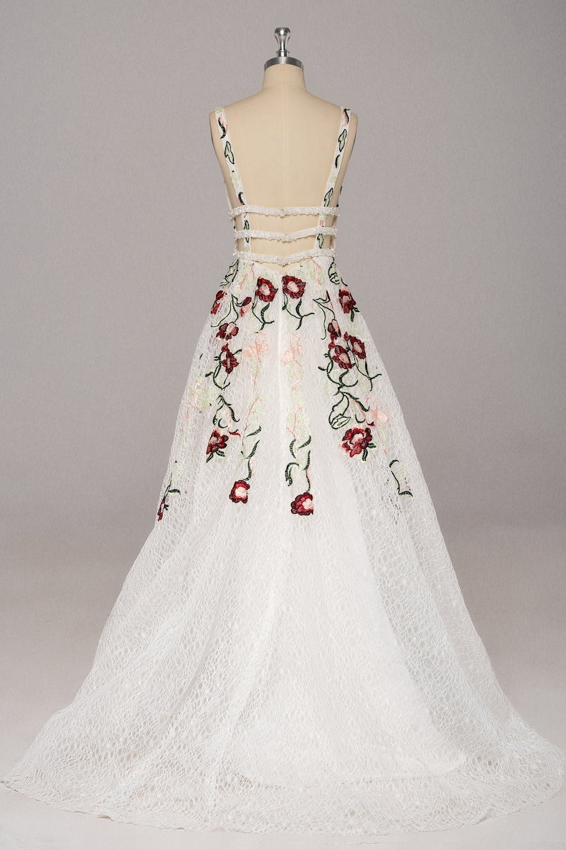 dressimeA Line Elegant V Neck Lace Prom Dresses Backless With Floral