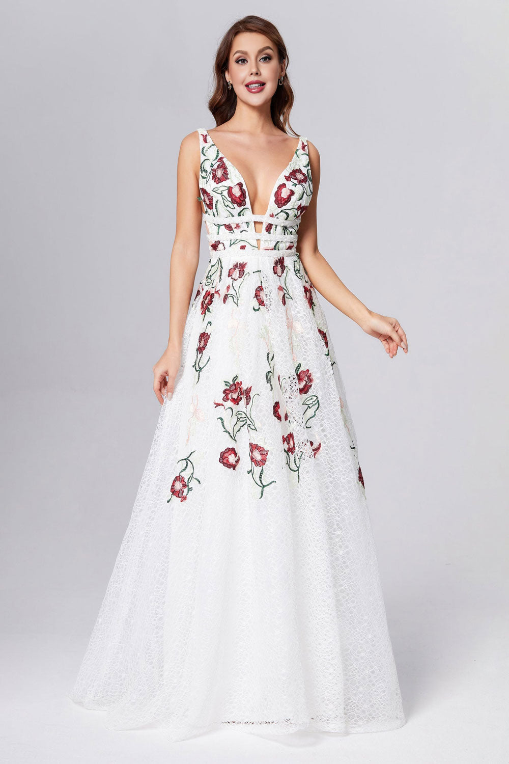 dressimeA Line Elegant V Neck Lace Prom Dresses Backless With Floral