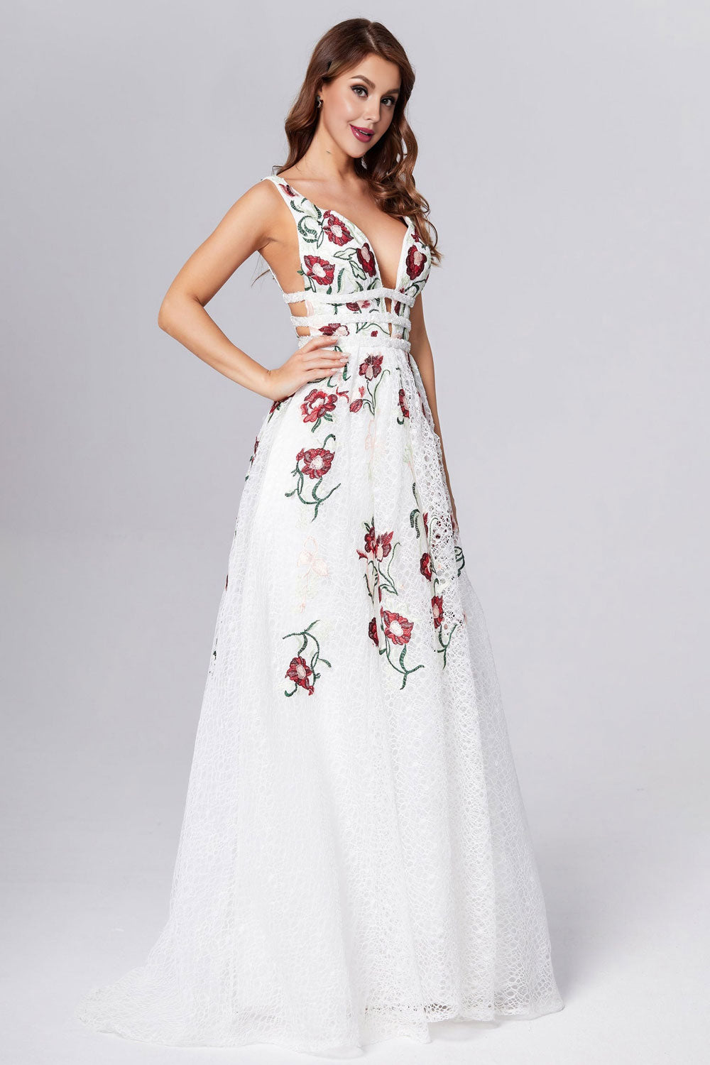 dressimeA Line Elegant V Neck Lace Prom Dresses Backless With Floral