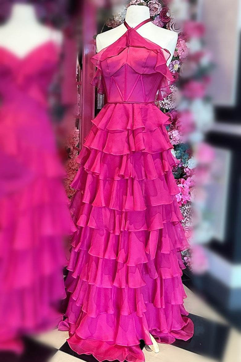 Dressime A Line Halter Chiffon Keyhole Ruffle Tiered Prom Dress with S dressime Dressime A Line Halter Chiffon Keyhole Ruffle Tiered Prom Dress with S dressime
