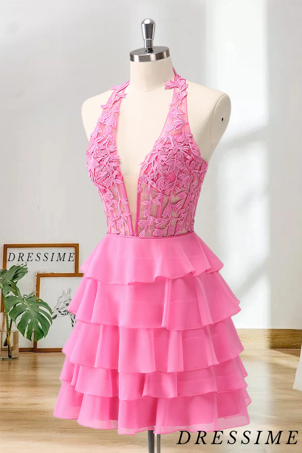 Dressime A Line Halter Chiffon Lace Tiered ShortMini Homecoming Dress dressime