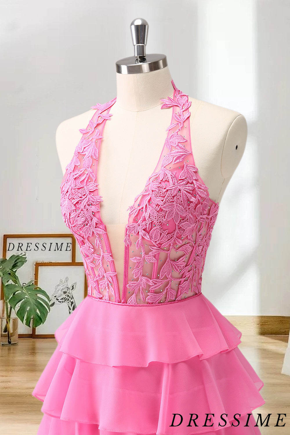 Dressime A Line Halter Chiffon Lace Tiered ShortMini Homecoming Dress dressime