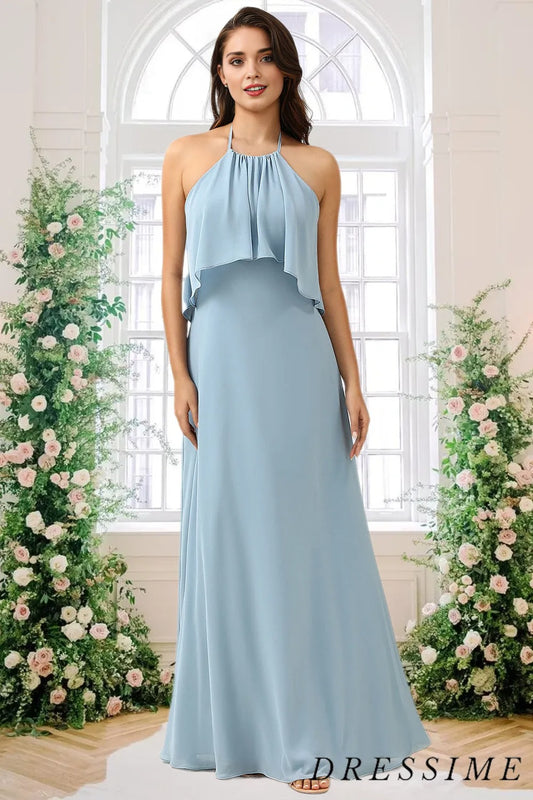 Dressime A Line Halter Chiffon Long Bridesmaid Dress With Ruffle dressime