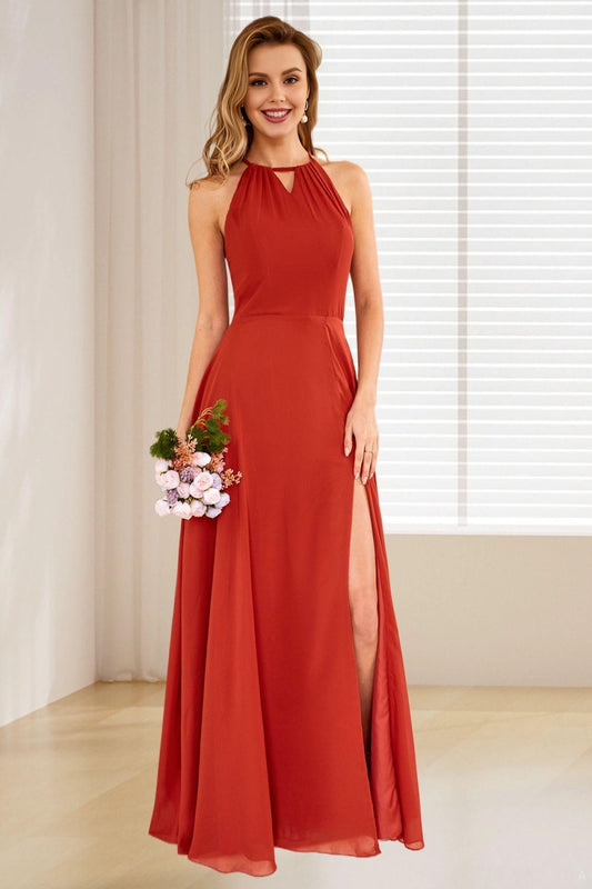 Dressime A Line Halter Chiffon Long Bridesmaid Dress With Slit dressime