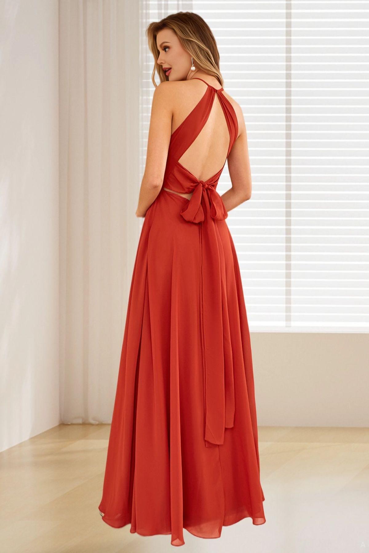 Dressime A Line Halter Chiffon Long Bridesmaid Dress With Slit dressime