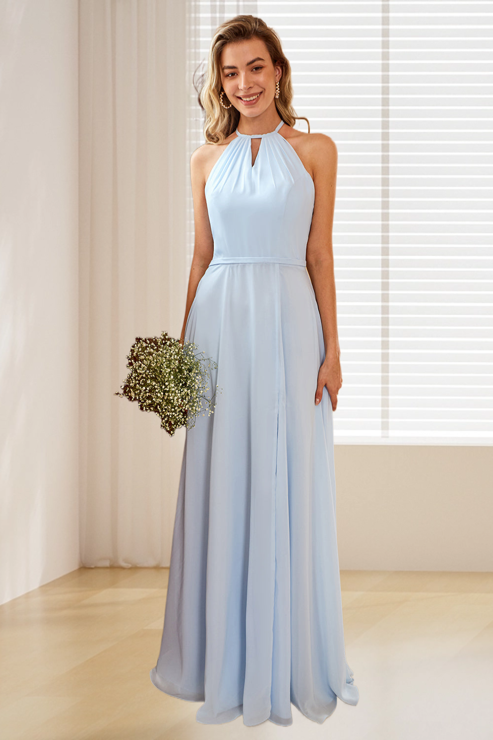 Dressime A Line Halter Chiffon Long Bridesmaid Dress With Slit dressime