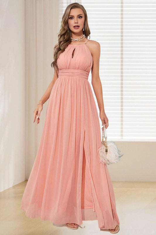 Dressime A Line Halter Chiffon Long Bridesmaid Dress with Slit dressime