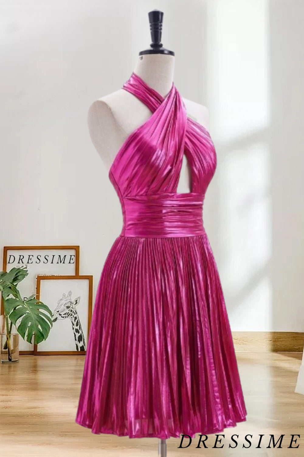 Dressime A Line Halter Metallic Pleated Satin Short/Mini Homecoming Dress dressime