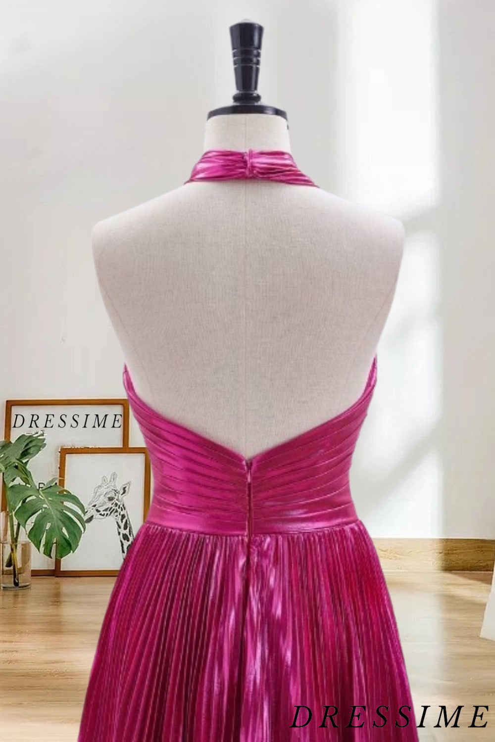 Dressime A Line Halter Metallic Pleated Satin Short/Mini Homecoming Dress dressime