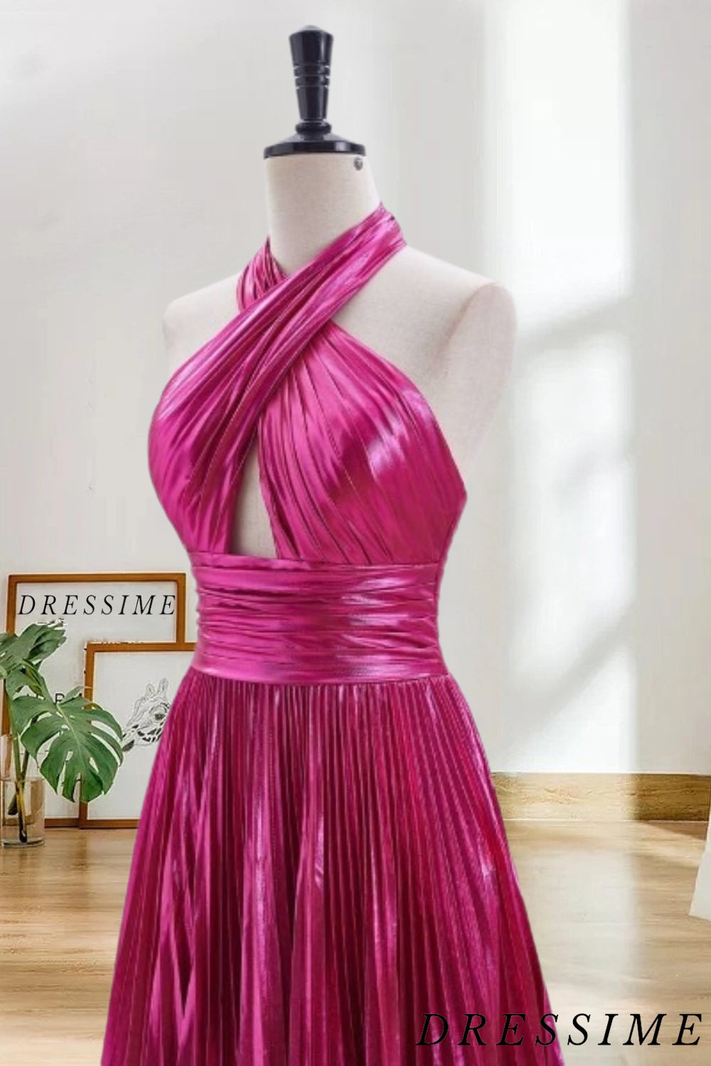 Dressime A Line Halter Metallic Pleated Satin Short/Mini Homecoming Dress dressime