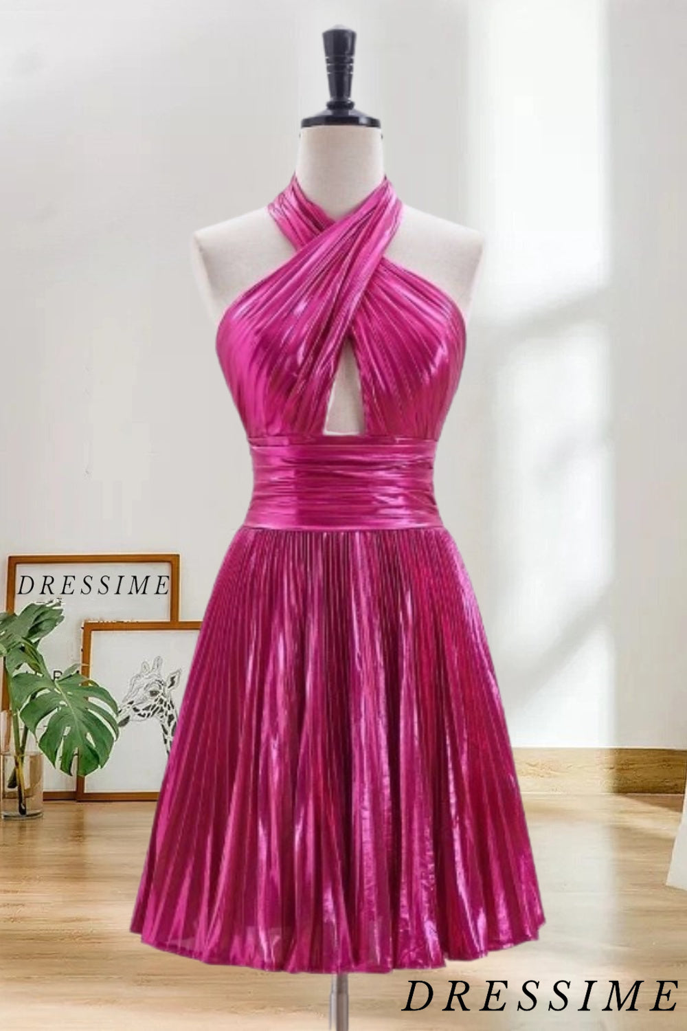 Dressime A Line Halter Metallic Pleated Satin Short/Mini Homecoming Dress dressime