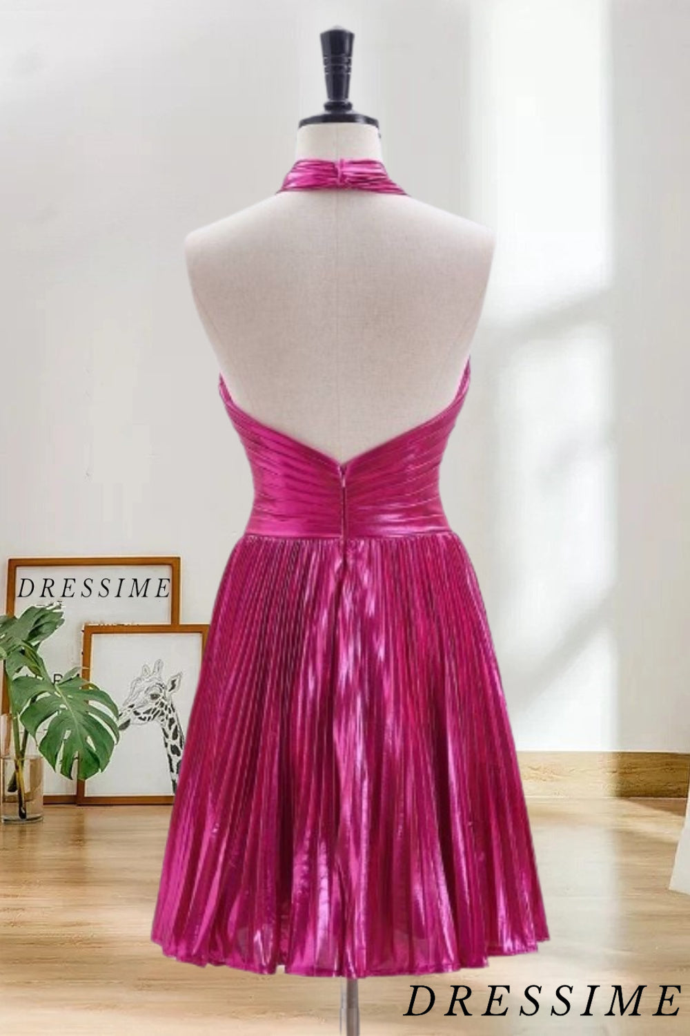 Dressime A Line Halter Metallic Pleated Satin Short/Mini Homecoming Dress dressime