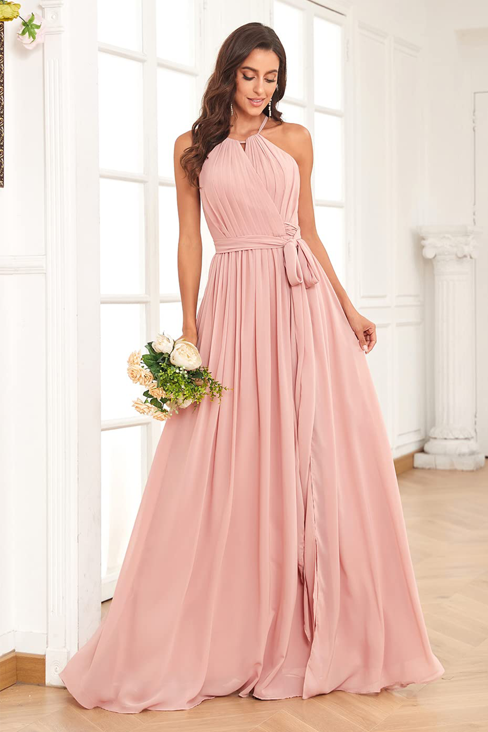 dressimeA Line Halter Pleated Chiffon Long Bridesmaid Dresses