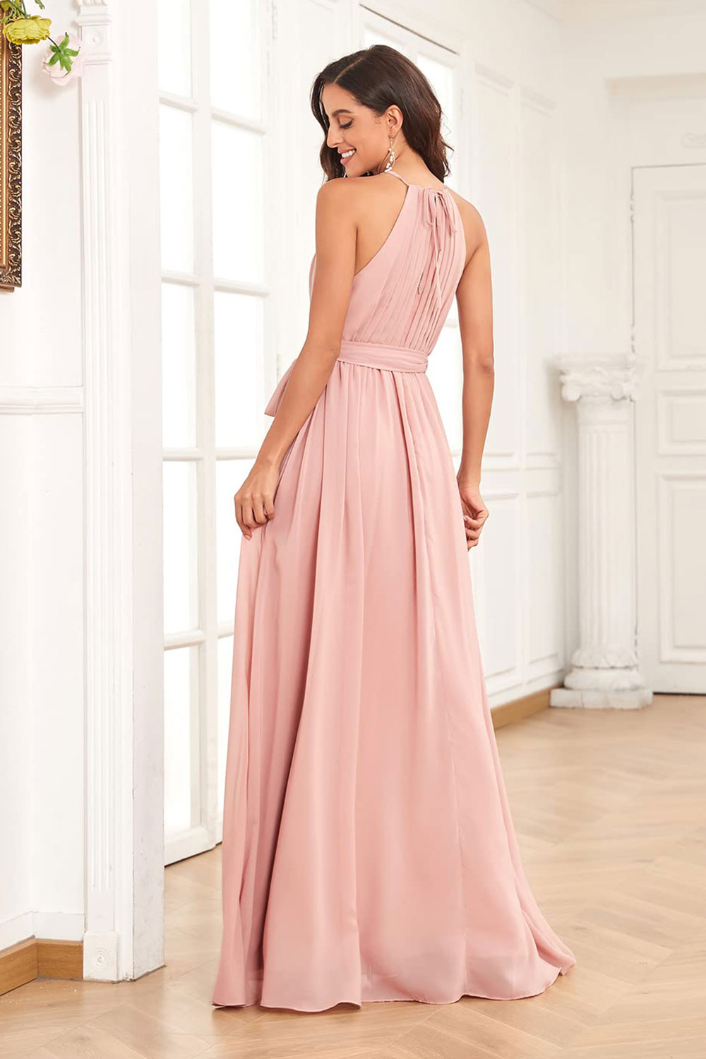 dressimeA Line Halter Pleated Chiffon Long Bridesmaid Dresses