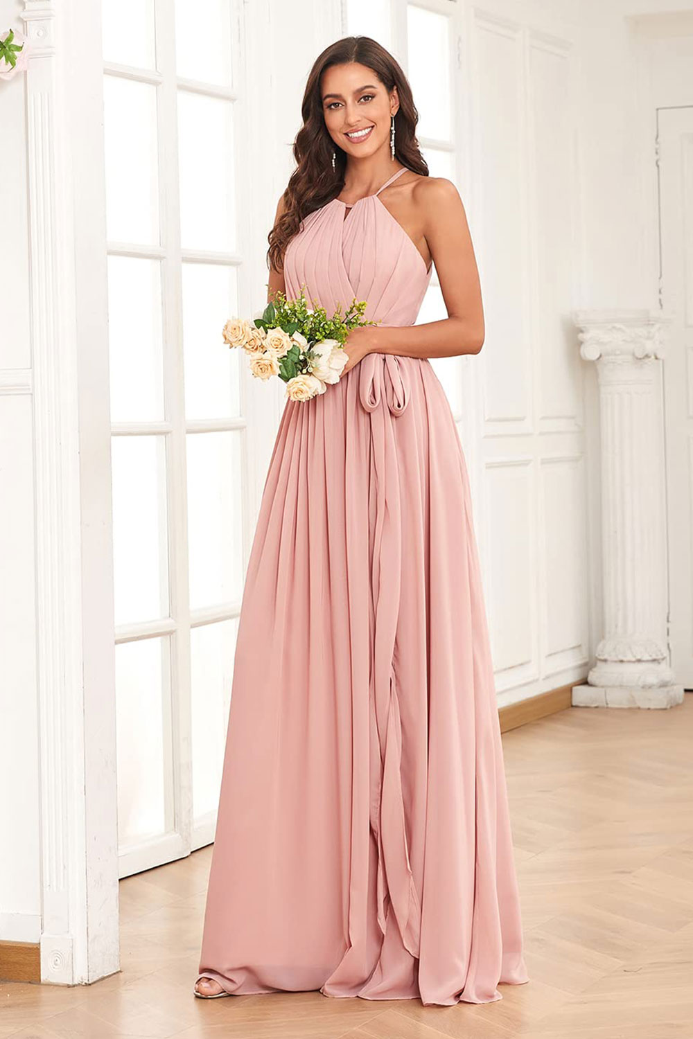 dressimeA Line Halter Pleated Chiffon Long Bridesmaid Dresses
