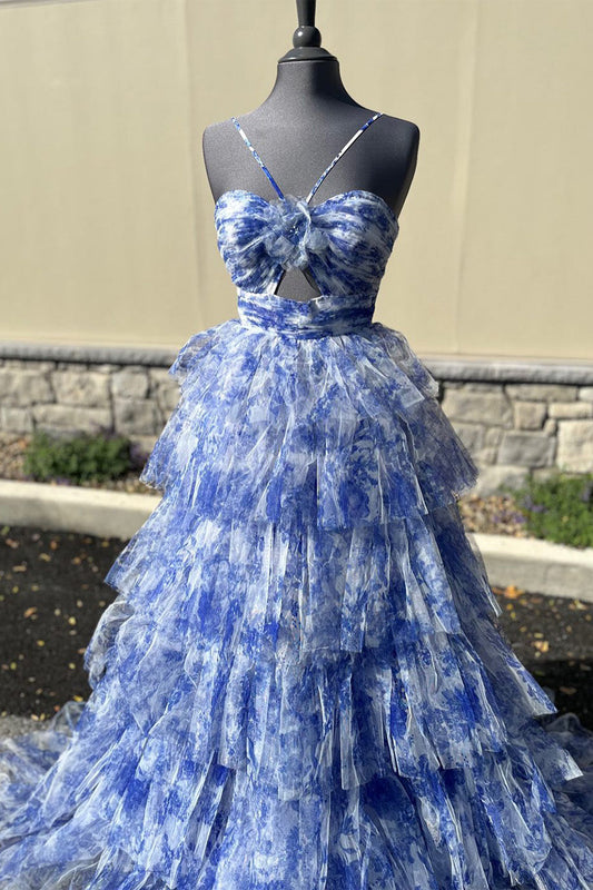 Dressime A Line Halter Print Keyhole Ruffle Tiered Long Prom Dress dressime