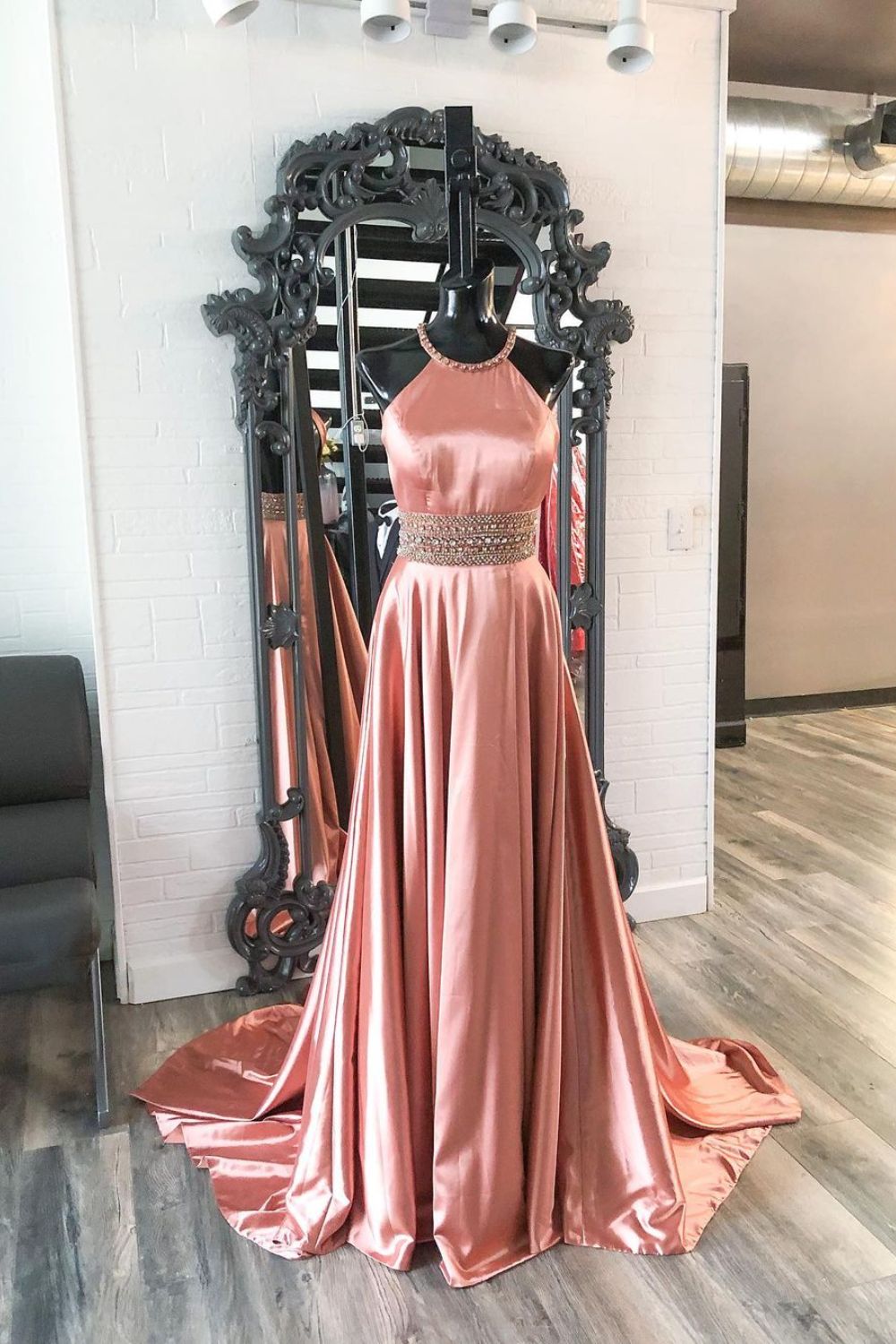 Dressime A Line Halter Satin Beaded Long Prom Dress dressime