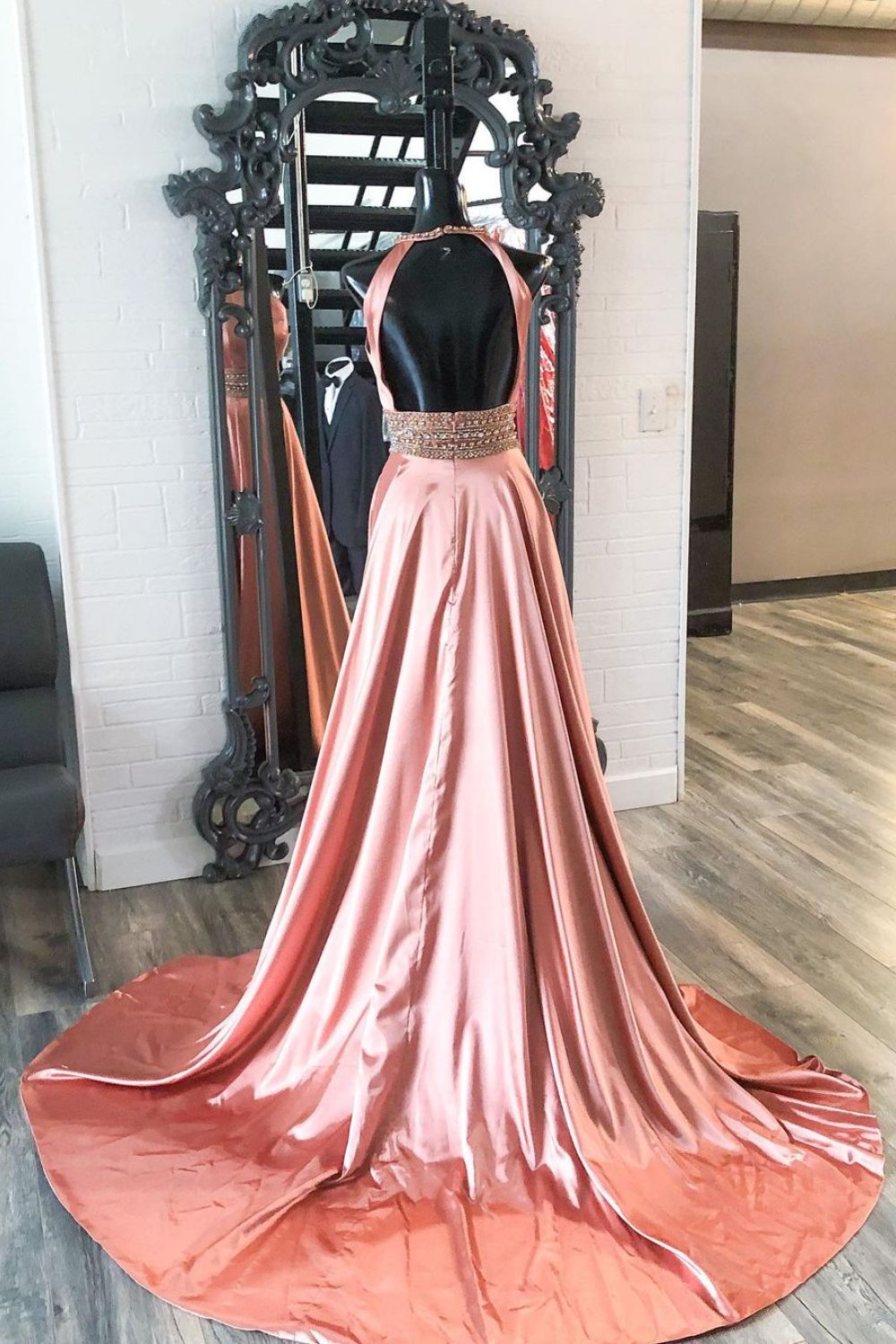Dressime A Line Halter Satin Beaded Long Prom Dress dressime