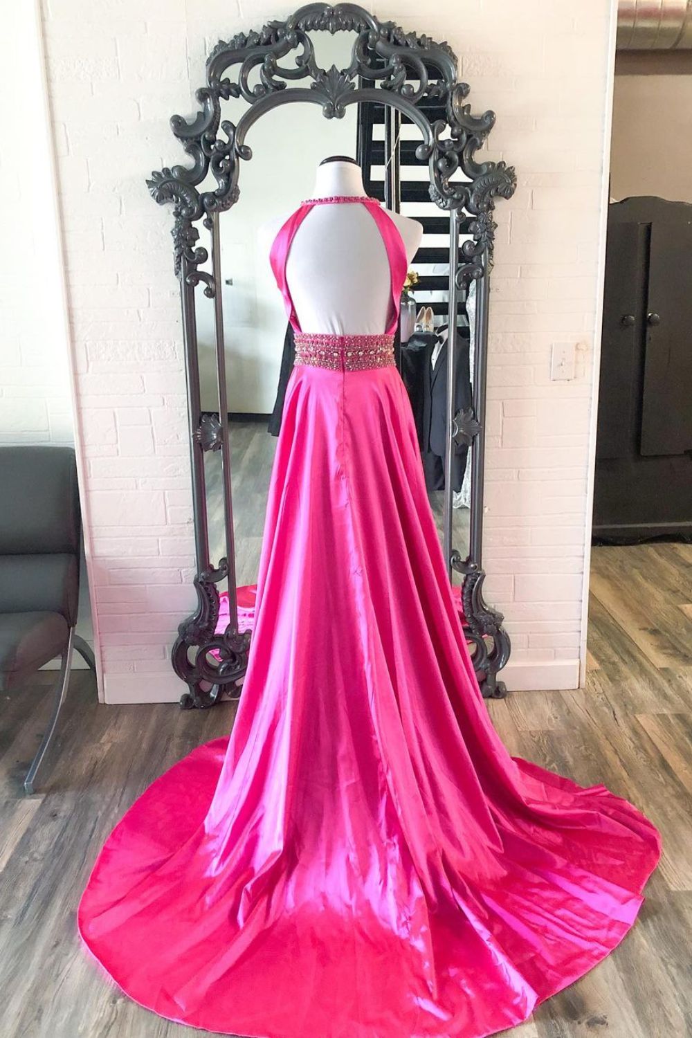 Dressime A Line Halter Satin Beaded Long Prom Dress dressime