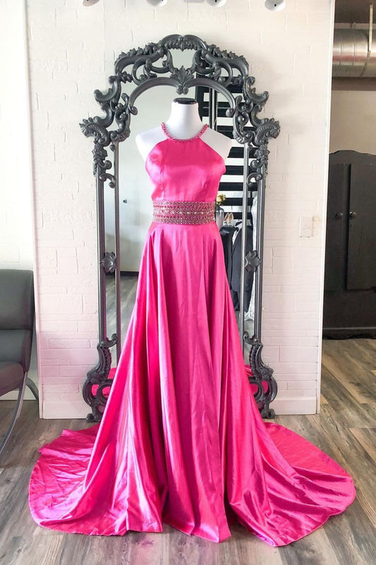 Dressime A Line Halter Satin Beaded Long Prom Dress dressime