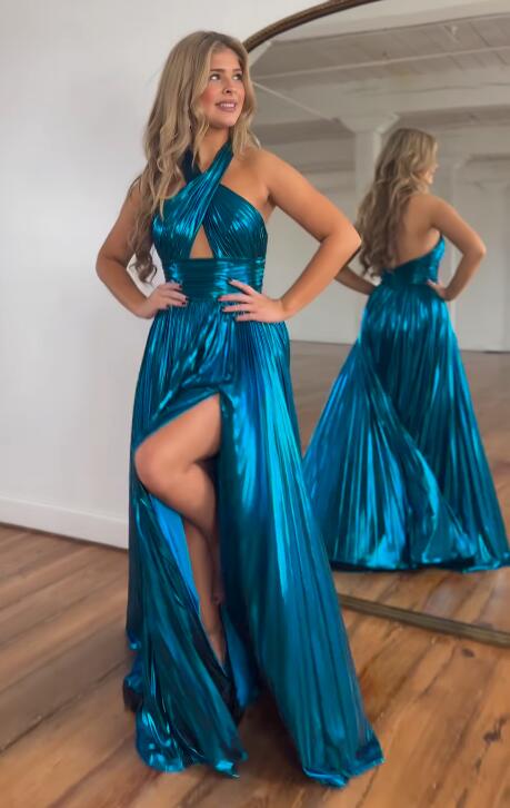 Dressime A Line Halter Satin Keyhole Long Prom Dress dressime