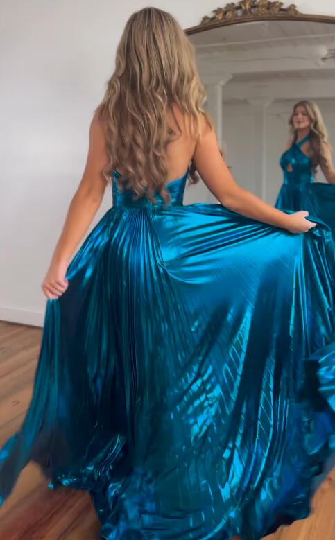 Dressime A Line Halter Satin Keyhole Long Prom Dress dressime