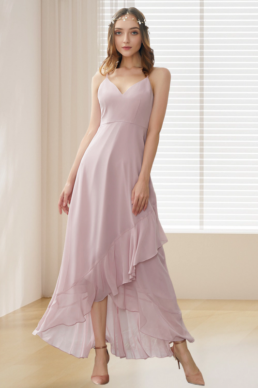 Dressime A Line High Low Spaghetti Straps Chiffon Bridemaid Dress dressime