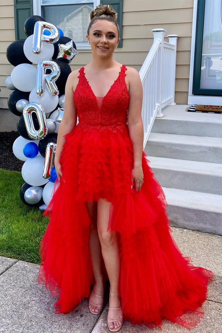 dressimeA Line High-Low Tulle V Neck Tiered Prom Dressess with Ruffles