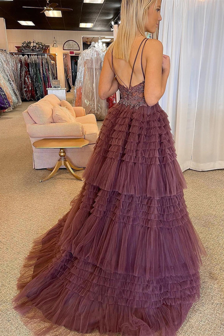 dressimeA Line High-Low Tulle V Neck Tiered Prom Dressess with Ruffles