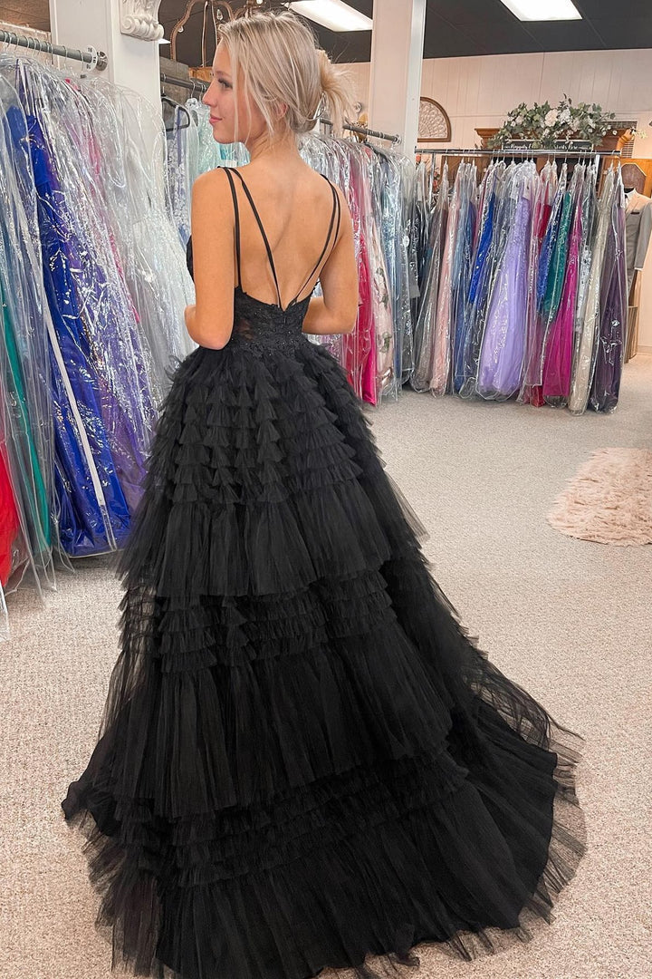dressimeA Line High-Low Tulle V Neck Tiered Prom Dressess with Ruffles