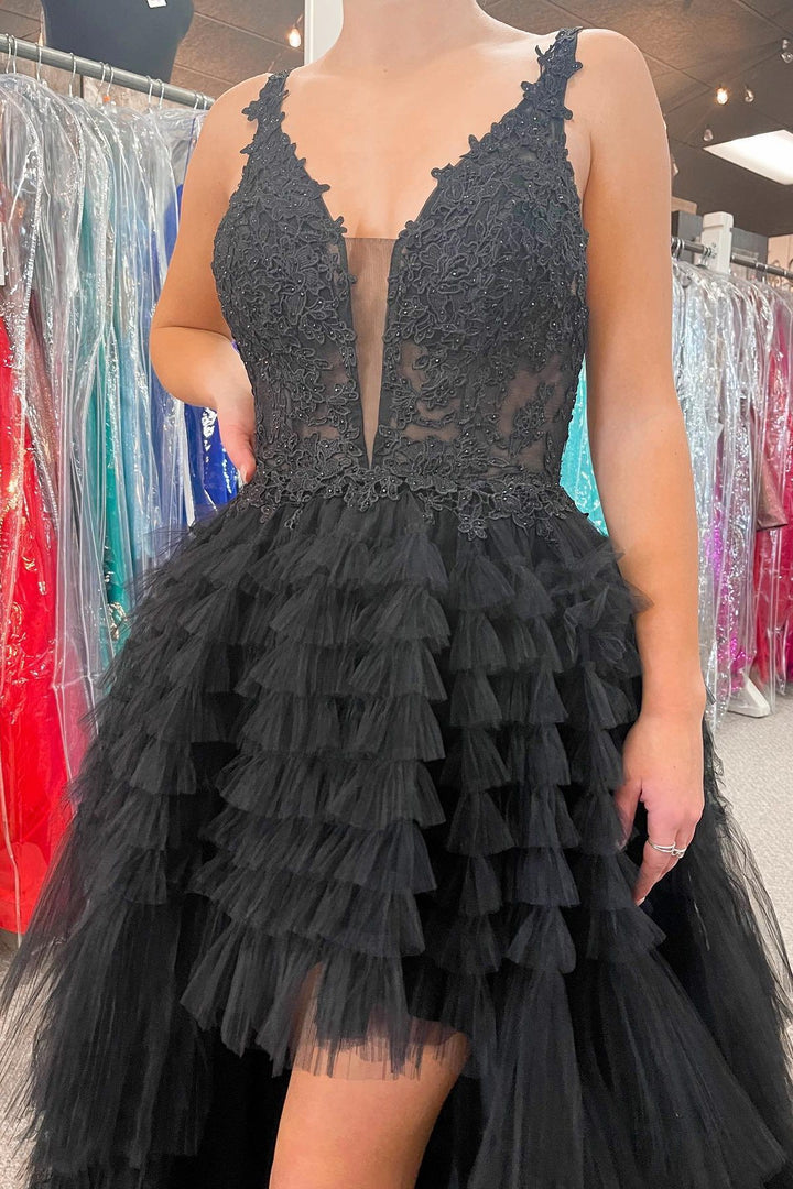 dressimeA Line High-Low Tulle V Neck Tiered Prom Dressess with Ruffles