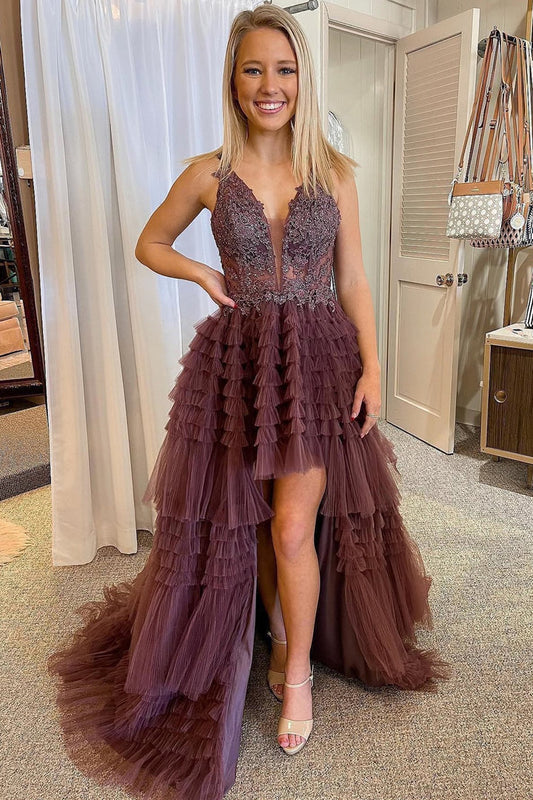 dressimeA Line High-Low Tulle V Neck Tiered Prom Dressess with Ruffles