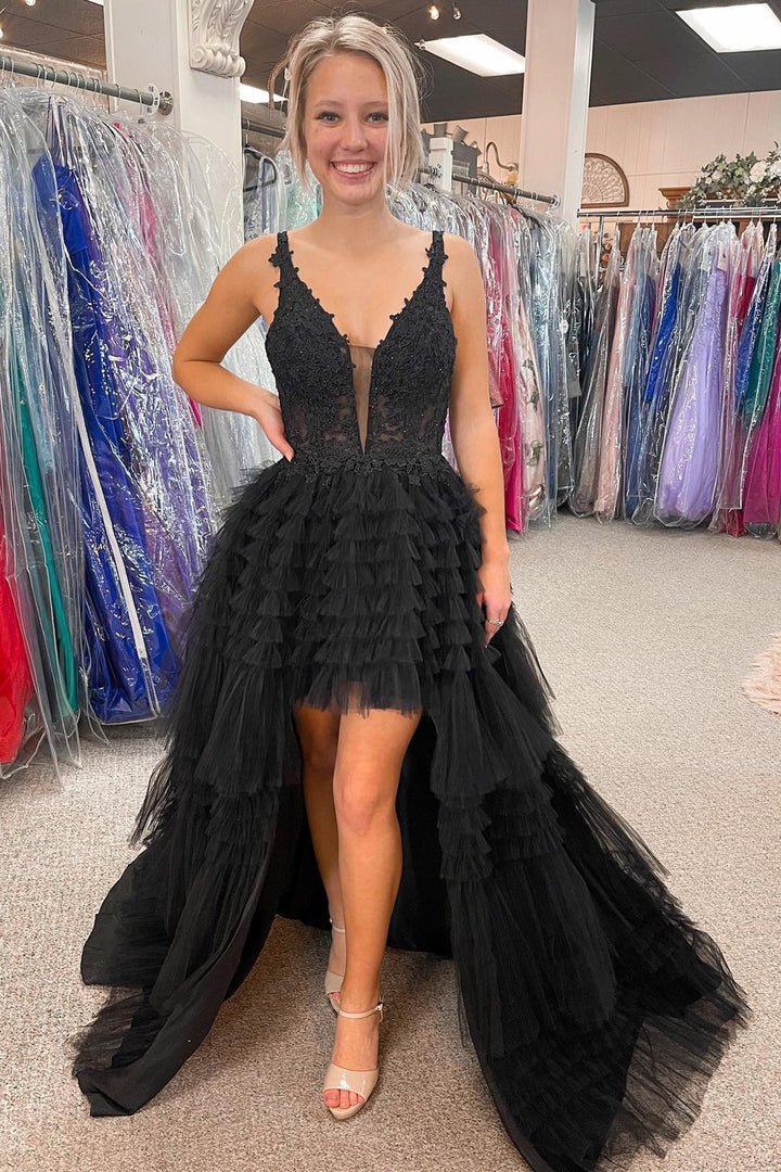 dressimeA Line High-Low Tulle V Neck Tiered Prom Dressess with Ruffles