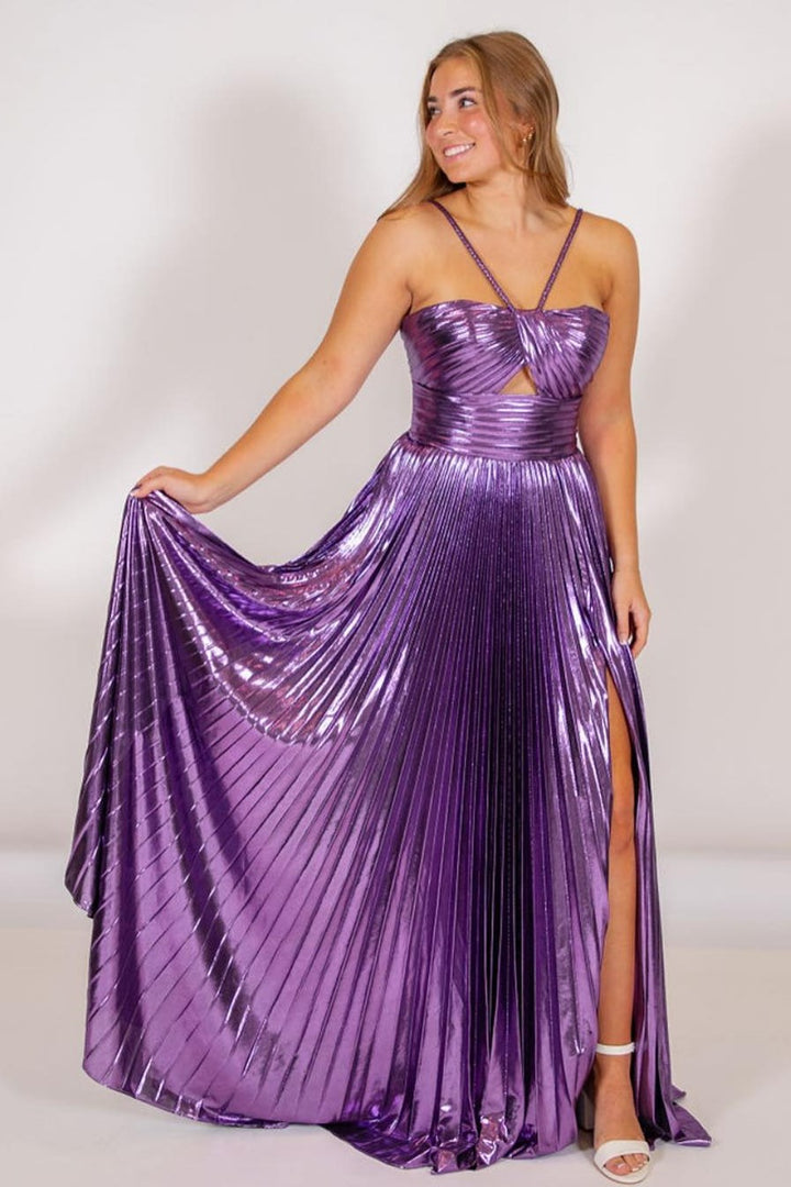 dressimeA Line Key Hole Metallic Pleated Long Prom Dress with Slit