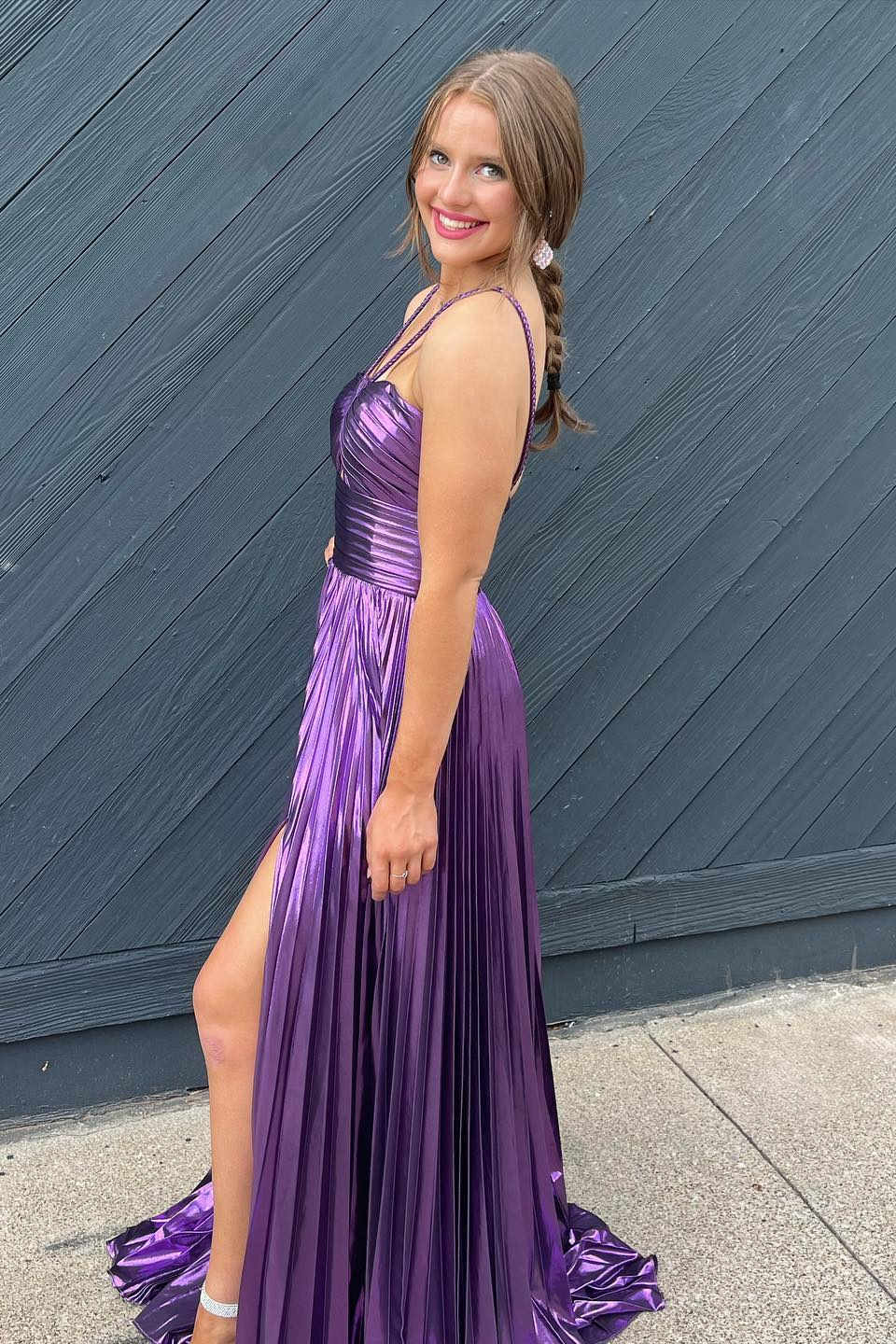 dressimeA Line Key Hole Metallic Pleated Long Prom Dress with Slit