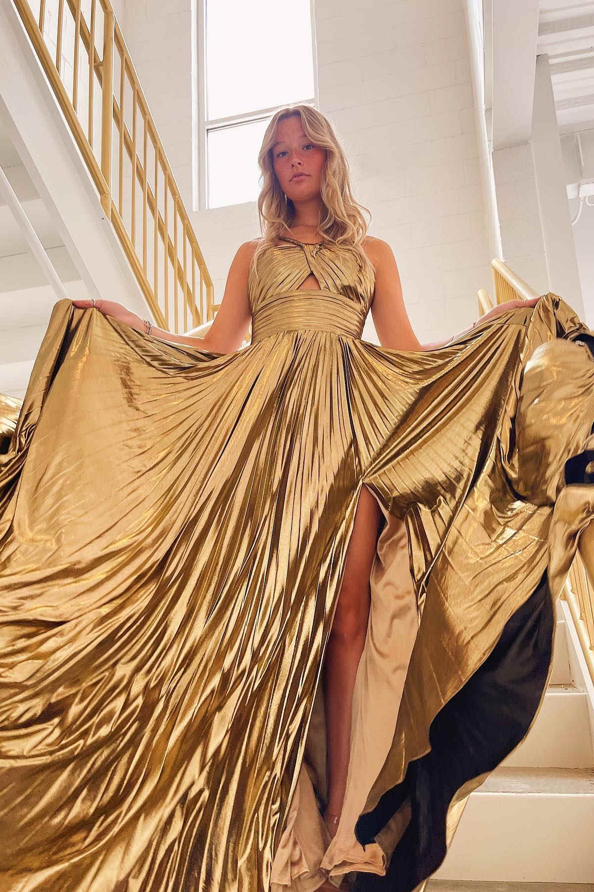 dressimeA Line Key Hole Metallic Pleated Long Prom Dress with Slit