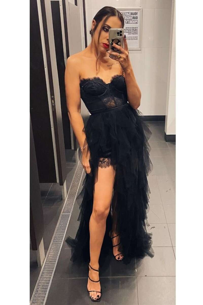 dressimeA  Line Lace Bustier Tiered Long Prom Dress with Slit