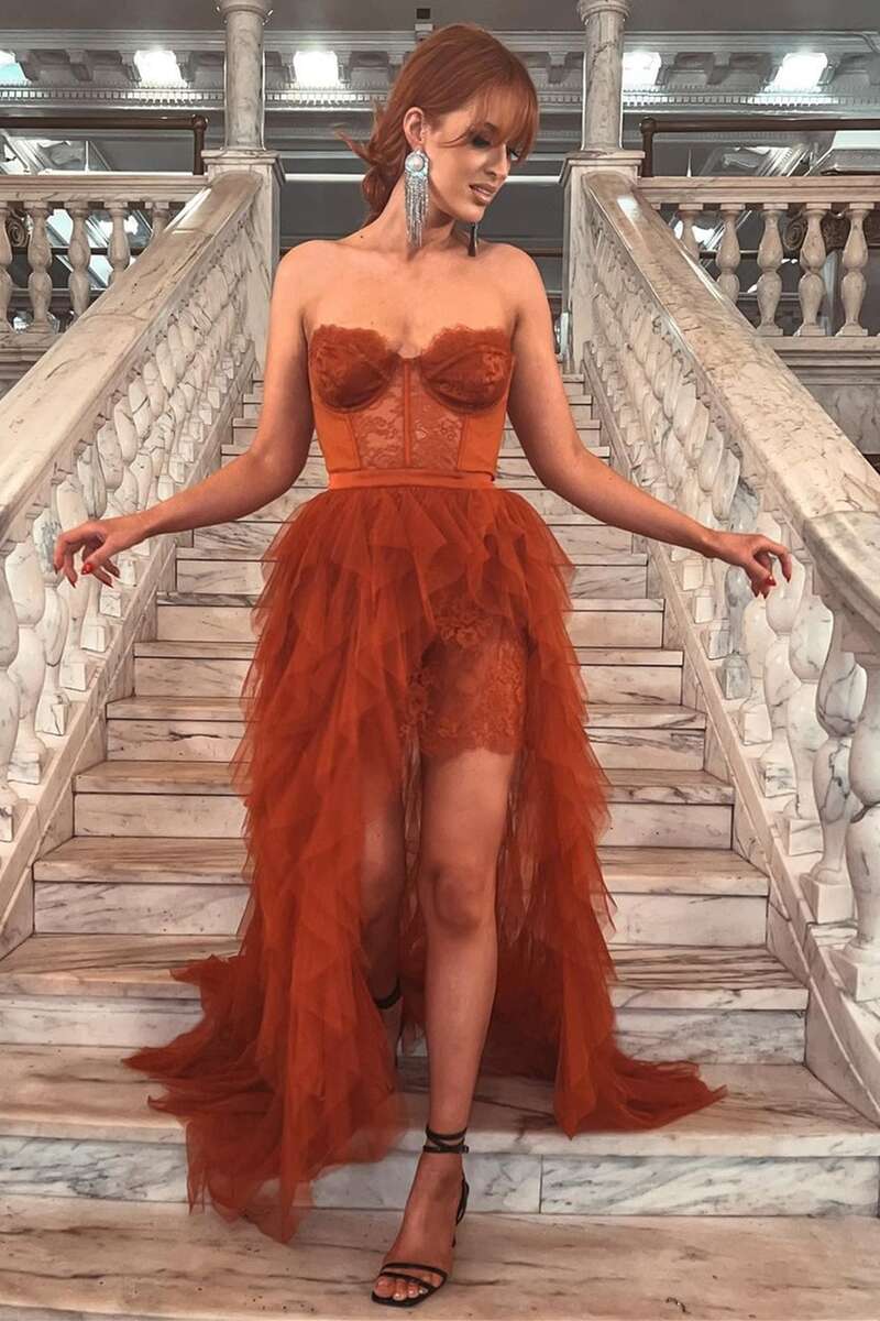 dressimeA  Line Lace Bustier Tiered Long Prom Dress with Slit