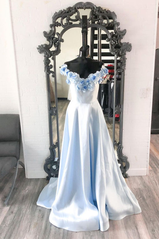Dressime A Line Off Shoulder Satin Long Prom Dress With 3D Flower dressime