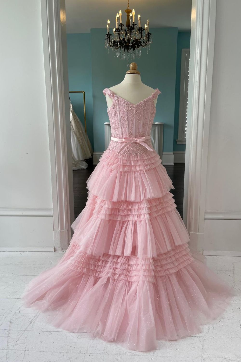 Dressime A Line Off The Shoulder Organza Multi-Layer Girl Pageant Dress with Ruffles dressime