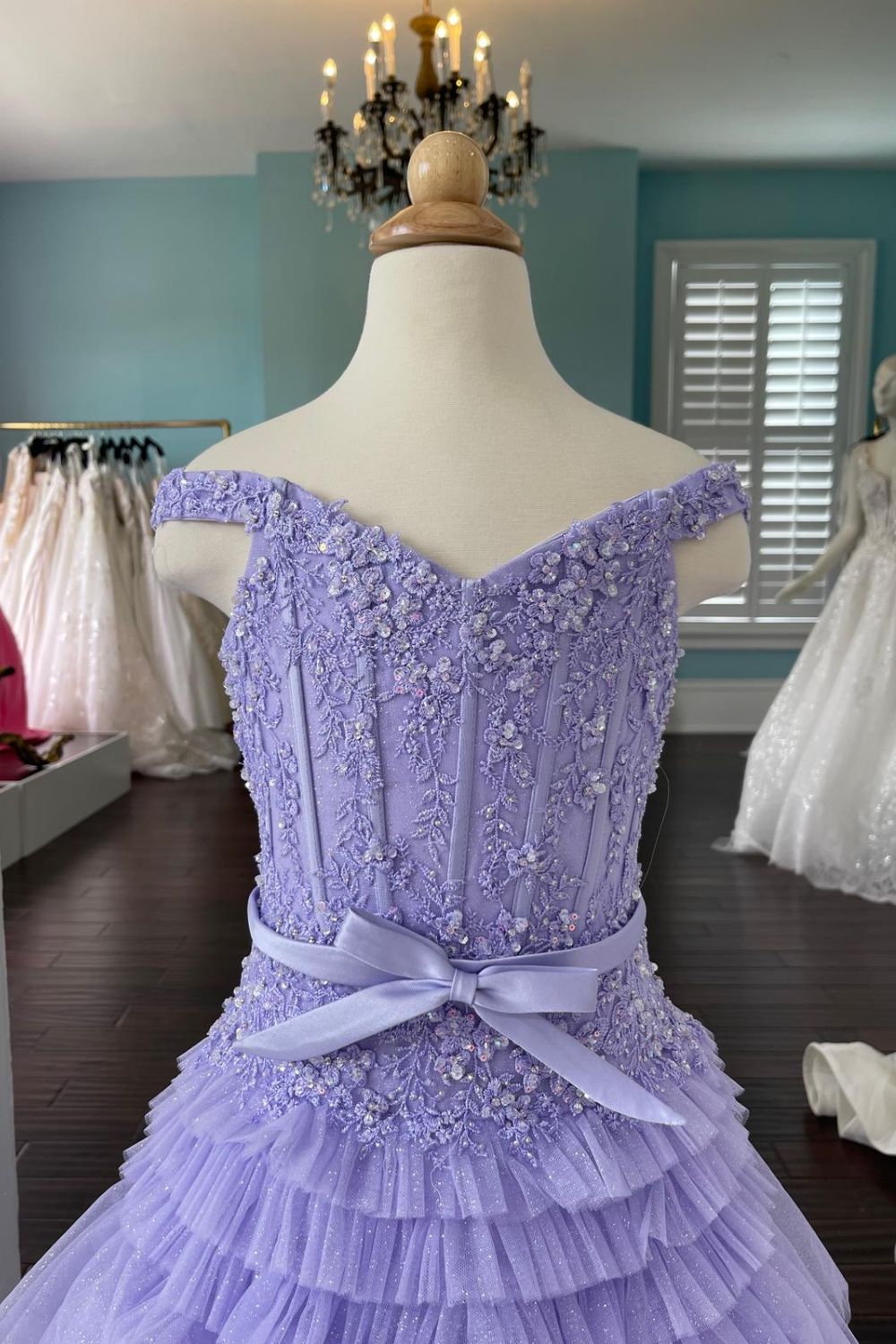 Dressime A Line Off The Shoulder Organza Multi-Layer Girl Pageant Dress with Ruffles dressime