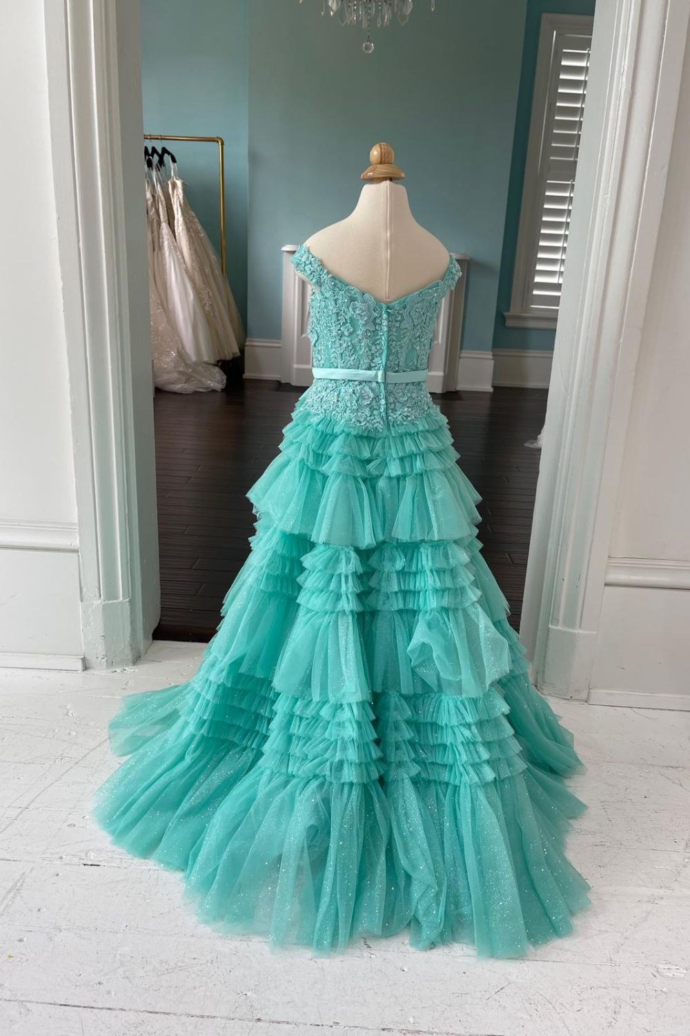 Dressime A Line Off The Shoulder Organza Multi-Layer Girl Pageant Dress with Ruffles dressime