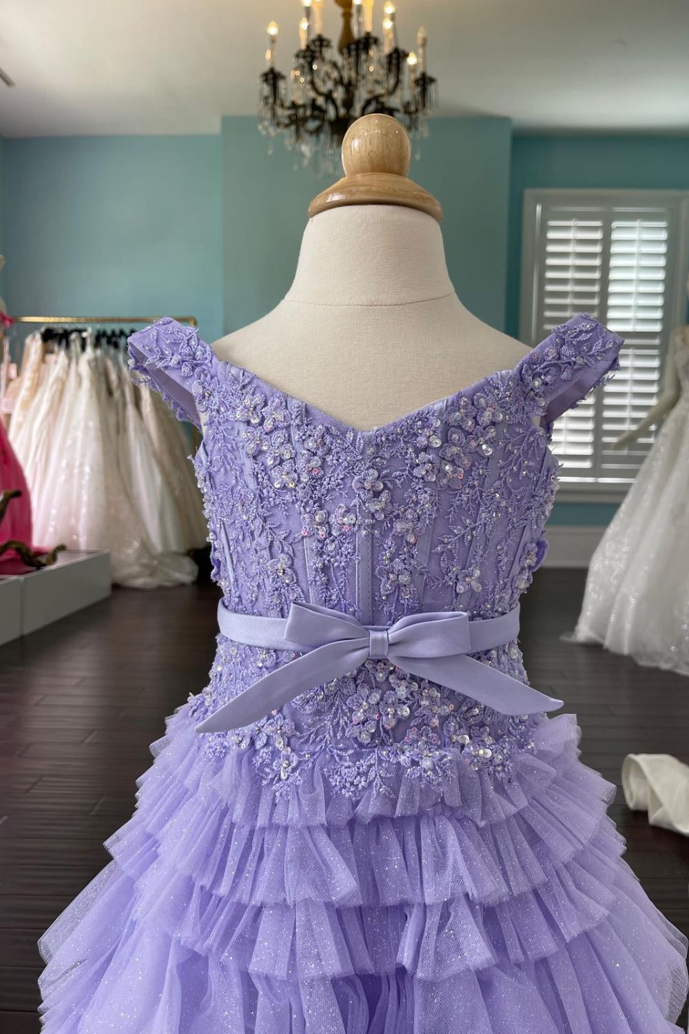 Dressime A Line Off The Shoulder Organza Multi-Layer Girl Pageant Dress with Ruffles dressime