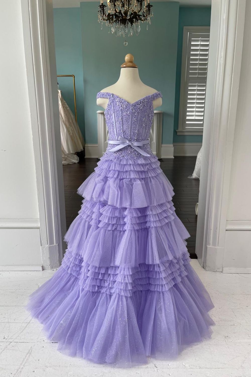 Dressime A Line Off The Shoulder Organza Multi-Layer Girl Pageant Dress with Ruffles dressime