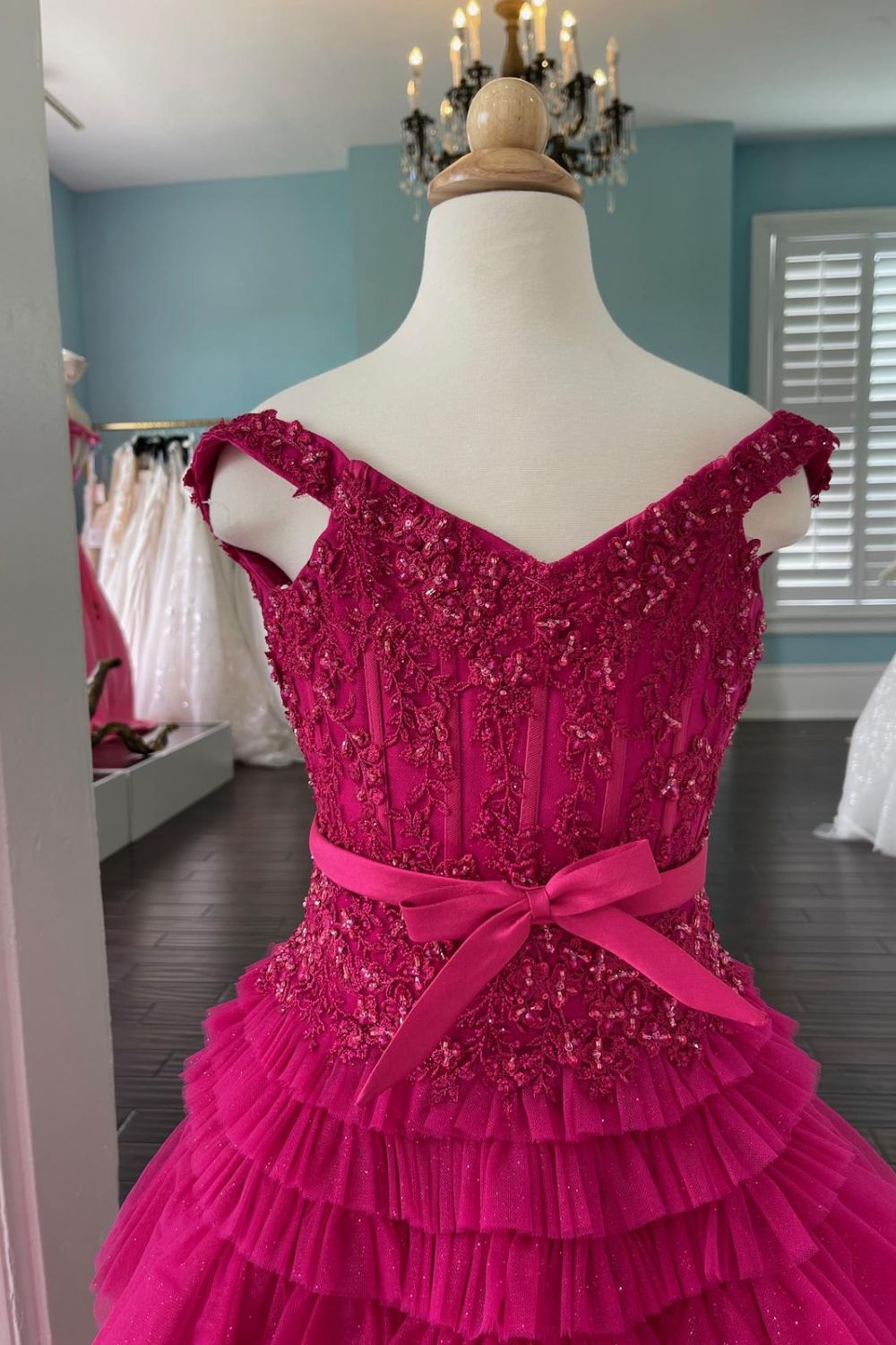Dressime A Line Off The Shoulder Organza Multi-Layer Girl Pageant Dress with Ruffles dressime