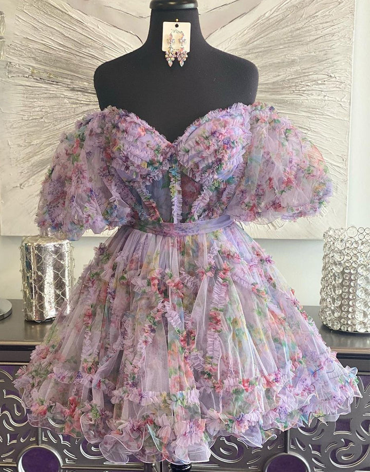 dressimeA Line Off The Shoulder Pretty Puff Sleeves Short Homecoming Dress