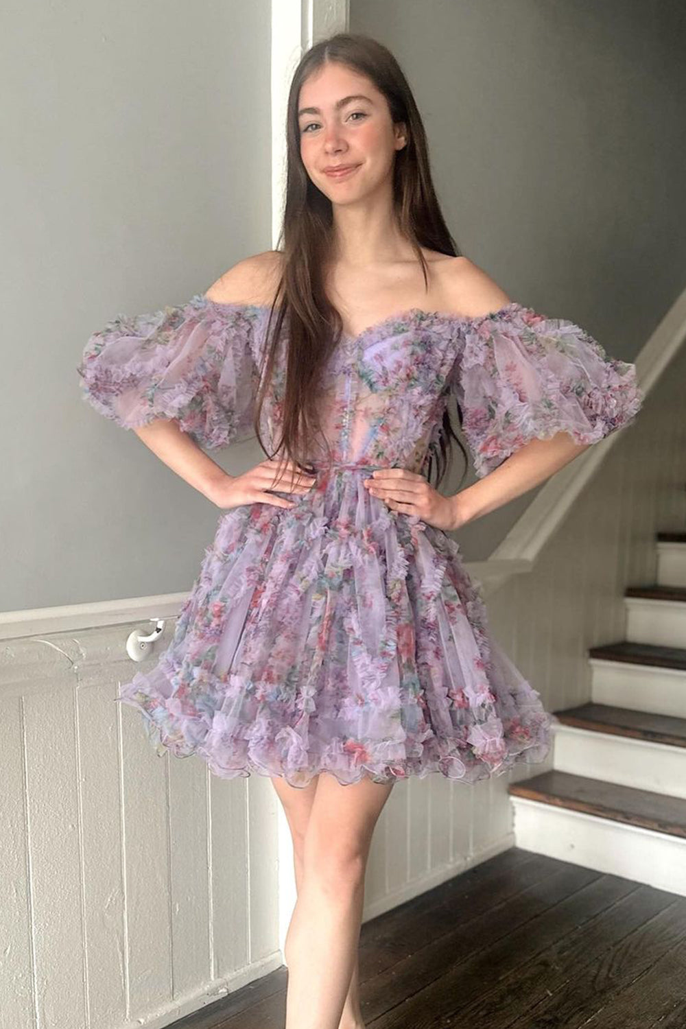 dressimeA Line Off The Shoulder Pretty Puff Sleeves Short Homecoming Dress