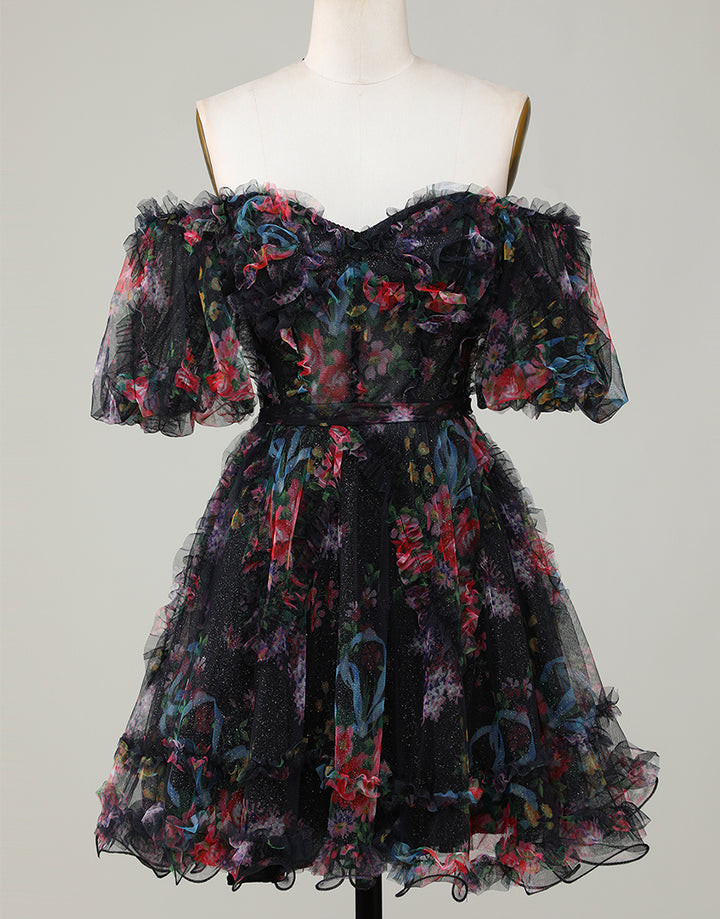 dressimeA Line Off The Shoulder Pretty Puff Sleeves Short Homecoming Dress